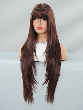 前髪付きエクストラロングストレートウィッグ 耐熱ファイバー デイリー合成ウィッグ 女性用 2025