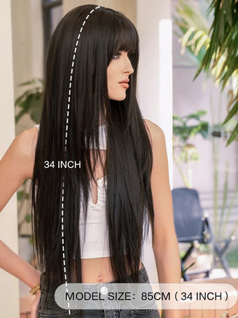 前髪付きエクストラロングストレートウィッグ 耐熱ファイバー デイリー合成ウィッグ 女性用 2025