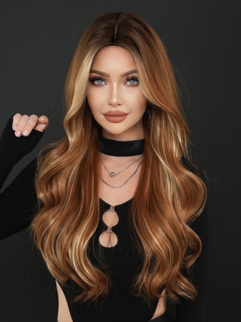 ライトブラウンロングカーリーヘアウィッグ ミドルパート ビッグウェーブ 耐熱ファイバー デイリーウィッグ 女性用 2025