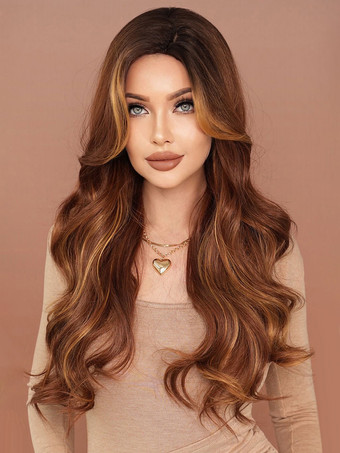 ブラウンロングカーリーヘアウィッグ ミドルパート ビッグウェーブ 耐熱ファイバー デイリーウィッグ 女性用 2025