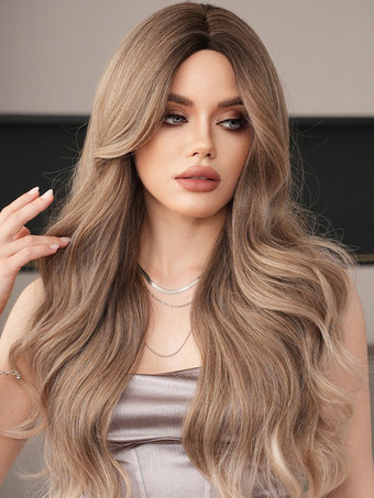 ライトブラウングラデーションロングカーリーウィッグミドルパートビッグウェーブ耐熱ファイバーデイリーウィッグ女性用2025