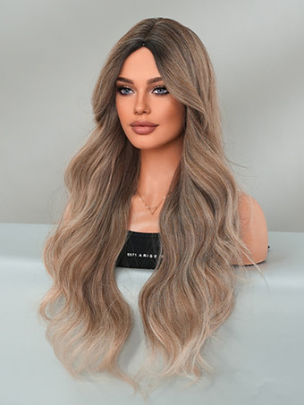 グラデーションロングカーリーウィッグミドルパートビッグウェーブ耐熱ファイバーデイリーウィッグ女性用2025