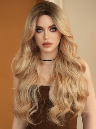 ゴールド グラデーションロングカーリーウィッグミドルパートビッグウェーブ耐熱ファイバーデイリーウィッグ女性用2025