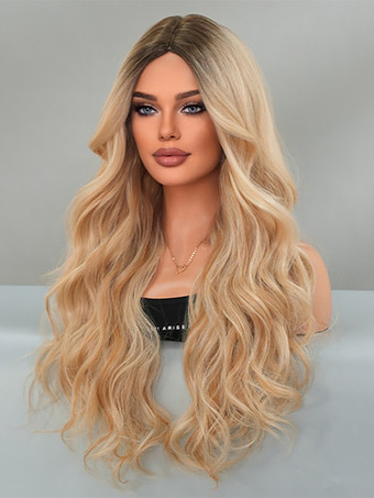 グラデーションロングカーリーウィッグミドルパートビッグウェーブ耐熱ファイバーデイリーウィッグ女性用2025