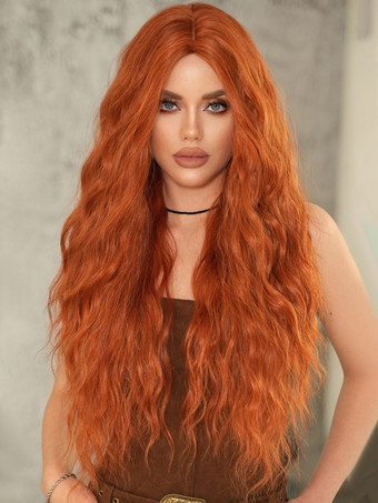 ブリックレッドロングカーリーウィッグ ミドルパート 合成デイリーウィッグ 女性用 2025