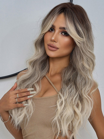 グレイグラデーションロングカーリーヘアウィッグ カーテンバング付き 女性用デイリーウィッグ 2025