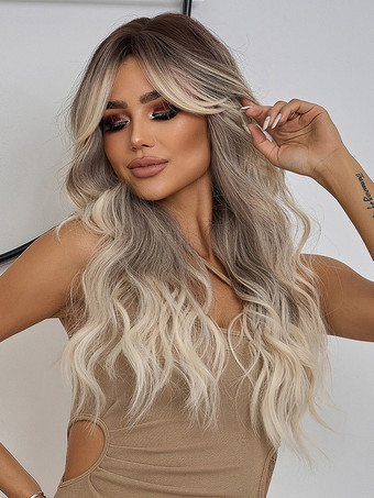 グラデーションロングカーリーヘアウィッグ カーテンバング付き 女性用デイリーウィッグ 2025
