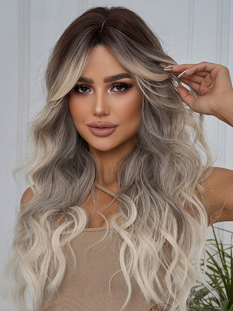 グラデーションロングカーリーヘアウィッグ カーテンバング付き 女性用デイリーウィッグ 2025