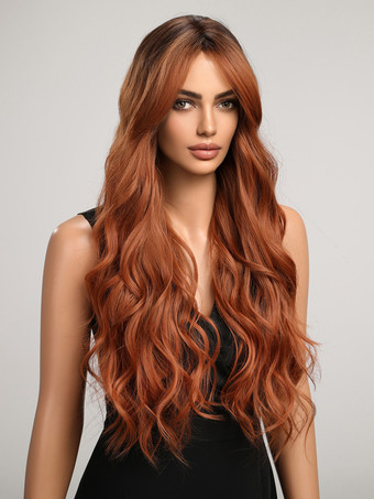 オーバーングラデーションロングカーリーヘアウィッグ カーテンバング付き 女性用デイリーウィッグ 2025