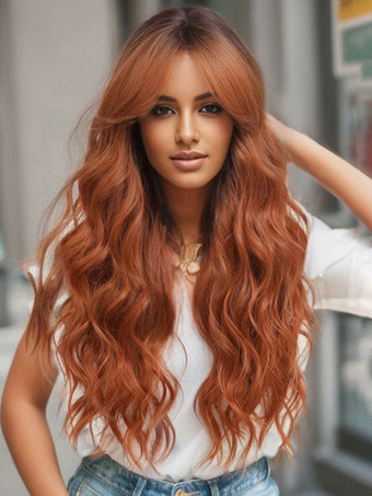 グラデーションロングカーリーヘアウィッグ カーテンバング付き 女性用デイリーウィッグ 2025