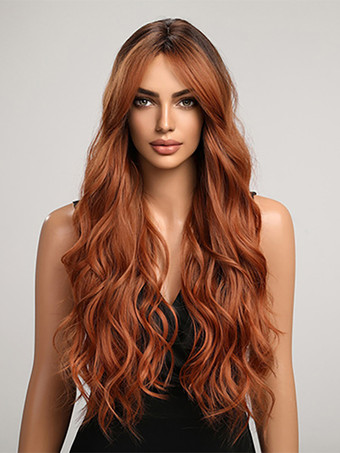 グラデーションロングカーリーヘアウィッグ カーテンバング付き 女性用デイリーウィッグ 2025