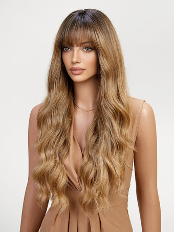 ブラウンストレートな前髪のウェーブロングカーリーヘアウィッグ、女性用合成デイリーウィッグ 2025