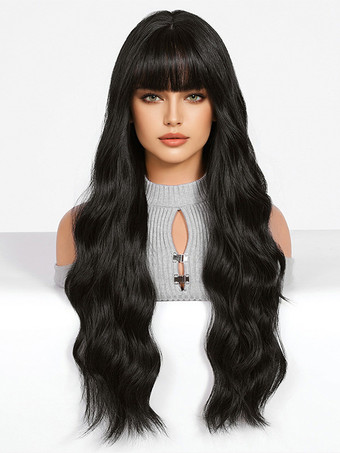 ブラック ストレートな前髪のウェーブロングカーリーヘアウィッグ、女性用合成デイリーウィッグ 2025