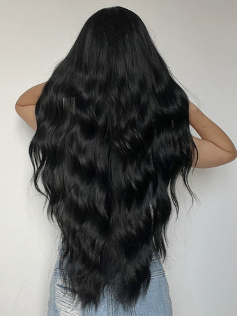 黒のロングカーリーヘアウィッグ ミドルパート 合成フルヘッドウィッグ 女性用 2025