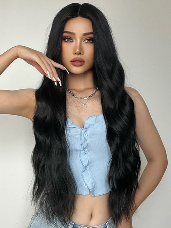 黒のロングカーリーヘアウィッグ ミドルパート 合成フルヘッドウィッグ 女性用 2025
