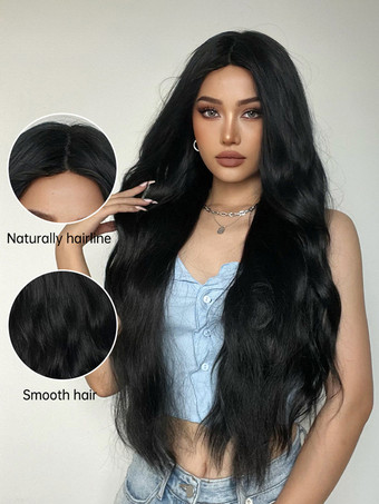 黒のロングカーリーヘアウィッグ ミドルパート 合成フルヘッドウィッグ 女性用 2025
