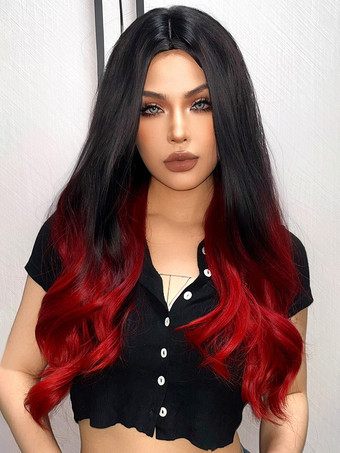 レッド ハイライトロングカーリーヘアウィッグミドルパートフルヘッドデイリーウィッグ女性用2025