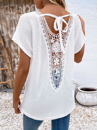 ホワイト T シャツ 半袖 V ネック レース ステッチ トップス レディース 2025