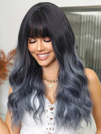 グレイストレートな前髪のウェーブロングカーリーヘアウィッグ、女性用合成デイリーウィッグ 2025