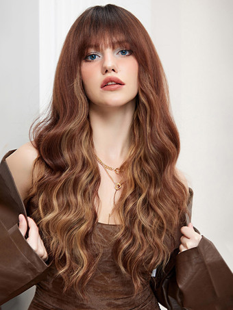 タンカラーストレートな前髪のウェーブロングカーリーヘアウィッグ、女性用合成デイリーウィッグ 2025