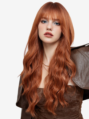 ブリックレッドストレートな前髪のウェーブロングカーリーヘアウィッグ、女性用合成デイリーウィッグ 2025
