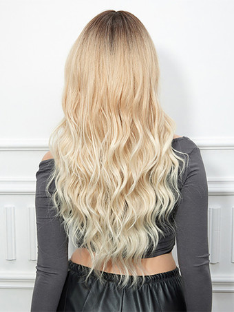 ストレートな前髪のウェーブロングカーリーヘアウィッグ、女性用合成デイリーウィッグ 2025