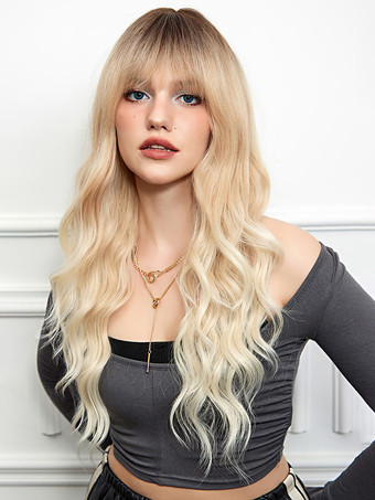ゴールド ストレートな前髪のウェーブロングカーリーヘアウィッグ、女性用合成デイリーウィッグ 2025