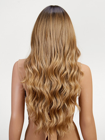 ストレートな前髪のウェーブロングカーリーヘアウィッグ、女性用合成デイリーウィッグ 2025