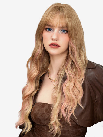 ストレートな前髪のウェーブロングカーリーヘアウィッグ、女性用合成デイリーウィッグ 2025