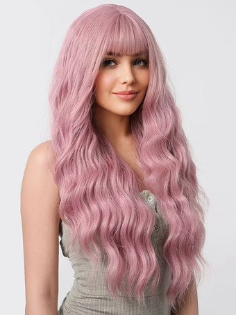 ピンクストレートな前髪のウェーブロングカーリーヘアウィッグ、女性用合成デイリーウィッグ 2025
