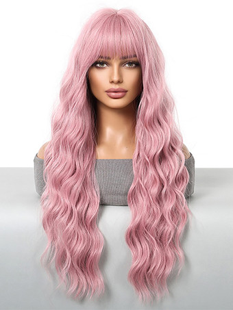 ストレートな前髪のウェーブロングカーリーヘアウィッグ、女性用合成デイリーウィッグ 2025