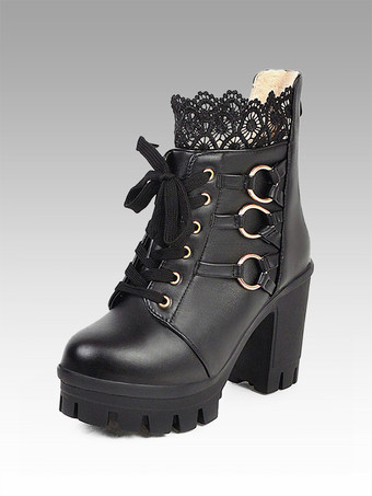 Botas Sweet Lolita de encaje negro Punta redonda Cuero de Tacón grueso Calzado Lolita