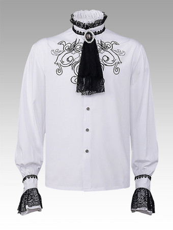 Blanco Retro Top Retro encaje volantes estampado Floral manga larga poliéster fibra de poliéster camisa Retro disfraces para hombre