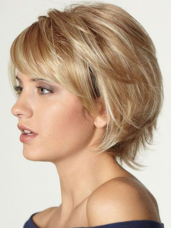 女性用 2025 年 ブロンド ショート ボブ 前髪 サイド パート 合成ウィッグ