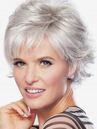 シルバー サイドバング付きショートボブ デイリー合成ウィッグ女性用 2025