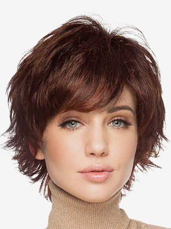 ディープブラウンサイドバング付きショートボブ デイリー合成ウィッグ女性用 2025