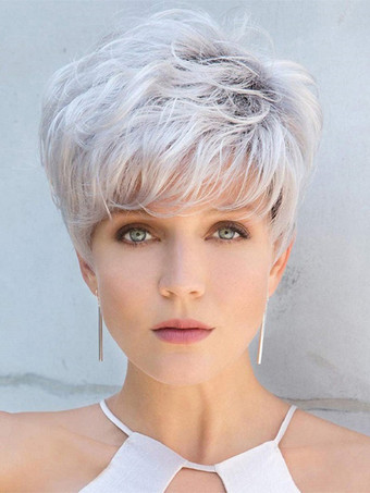 シルバー 前髪付きショートボブ デイリー合成ウィッグ 女性用 2025
