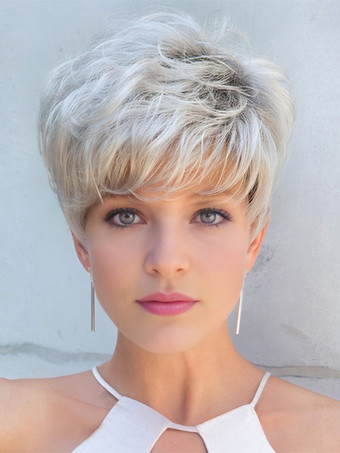 ライトグレー 前髪付きショートボブ デイリー合成ウィッグ 女性用 2025