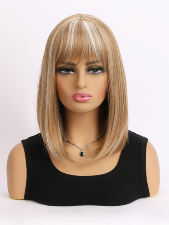 女性用ミディアムレングスストレートヘア 前髪付き ミドルパート 合成ウィッグ 2025