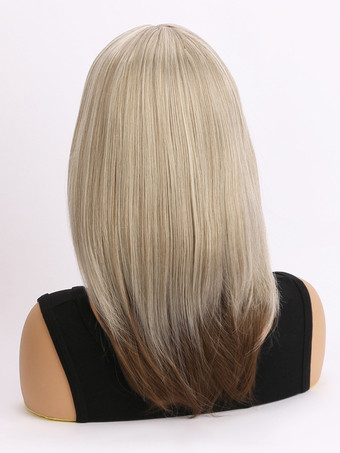 女性用ミディアムレングスストレートヘア 前髪付き ミドルパート 合成ウィッグ 2025