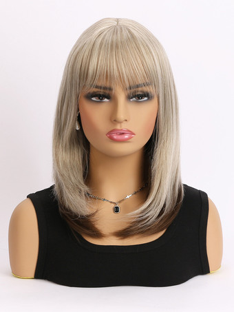 女性用ミディアムレングスストレートヘア 前髪付き ミドルパート 合成ウィッグ 2025