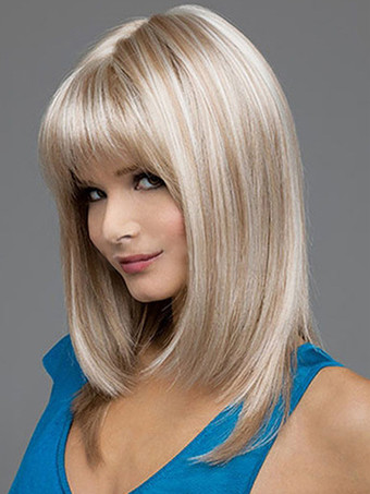 女性用ミディアムレングスストレートヘア 前髪付き ミドルパート 合成ウィッグ 2025