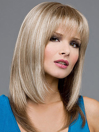 ライトゴール女性用ミディアムレングスストレートヘア 前髪付き ミドルパート 合成ウィッグ 2025