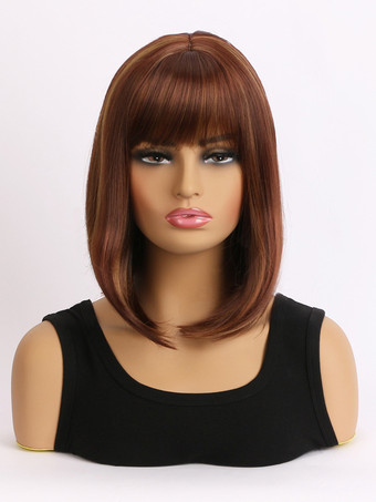 女性用ミディアムレングスストレートヘア 前髪付き ミドルパート 合成ウィッグ 2025