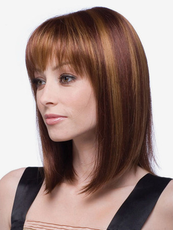 女性用ミディアムレングスストレートヘア 前髪付き ミドルパート 合成ウィッグ 2025