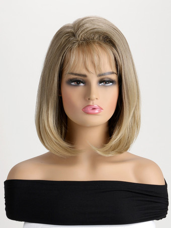 ミディアムレングスボブウィッグ エアバング付き ヴィンテージ合成ウィッグ 女性用 2025