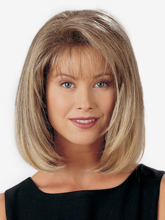 ブラウンミディアムレングスボブウィッグ エアバング付き ヴィンテージ合成ウィッグ 女性用 2025