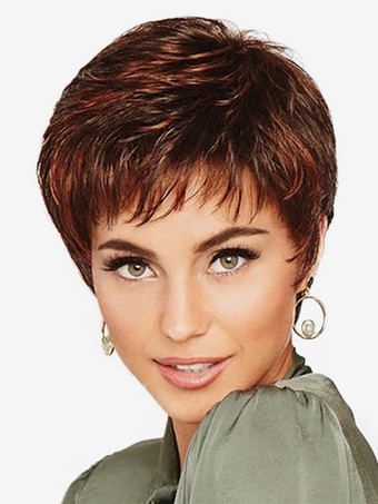 ブラウンふわふわのショートヘア、前髪あり、女性用デイリー合成ウィッグ 2025