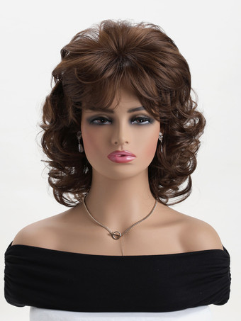 ふわふわのショートカーリーヘア、サイドバング付き、女性用ヴィンテージ合成ウィッグ 2025