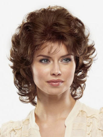 ディープブラウンふわふわのショートカーリーヘア、サイドバング付き、女性用ヴィンテージ合成ウィッグ 2025